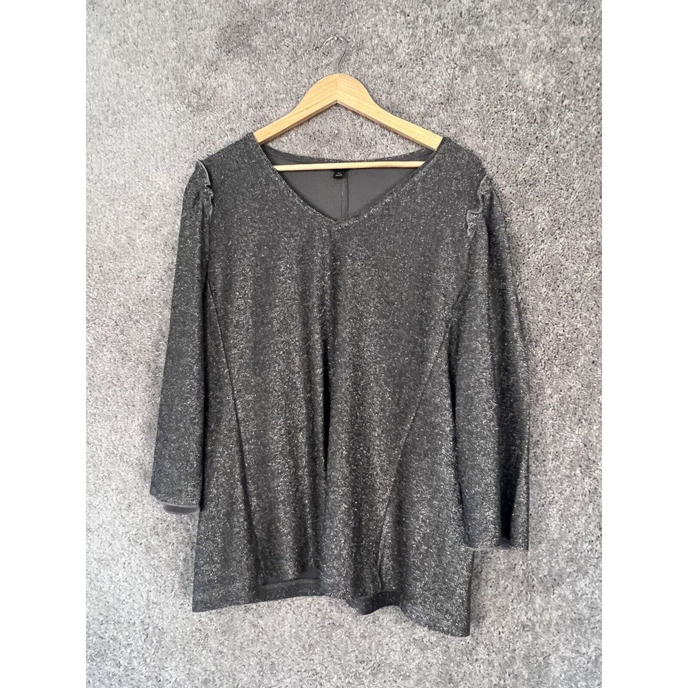 Ann Taylor Shirt Womens  2XL Gray Shimmer Metallic Ruffle 3/4 Puff Sleeve V-Neck